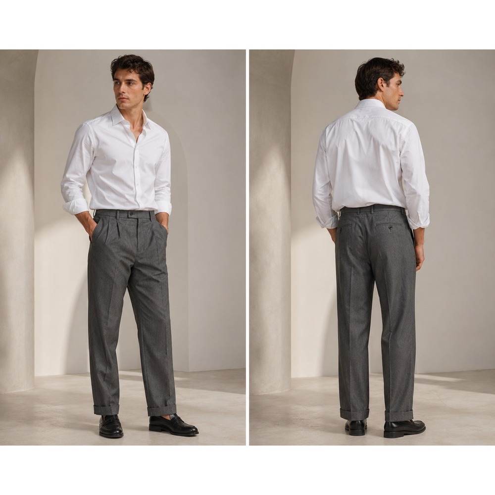 Allen Flusser Dress Pants Mens 34x34 Gray Pleated Cuffed Wool Blend Trousers